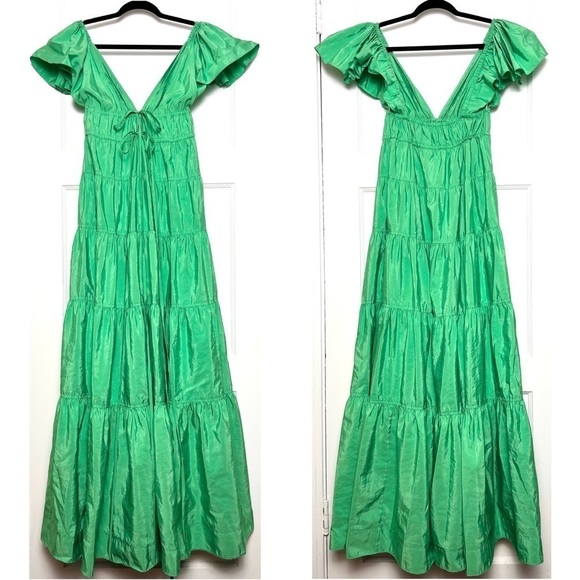 ALC Flutter Short Sleeve V-Neck Empire Waist‎ Front Tie Ruffle Tier Maxi Gown 6 - Picture 11 of 16